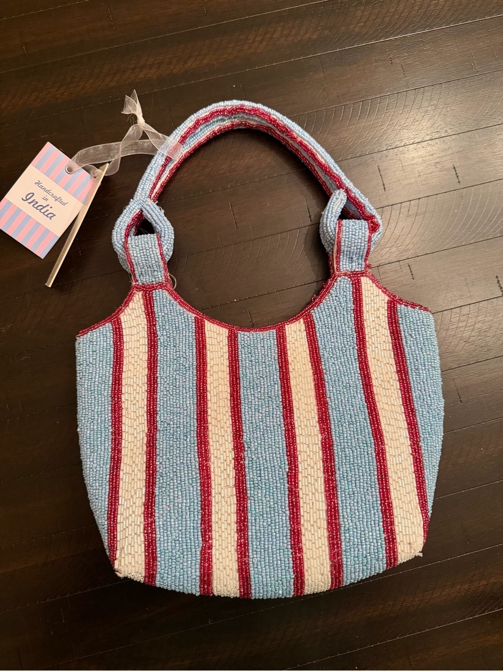 Beaded Stripe Shoulder Bag in Light Blue, Cream & Red